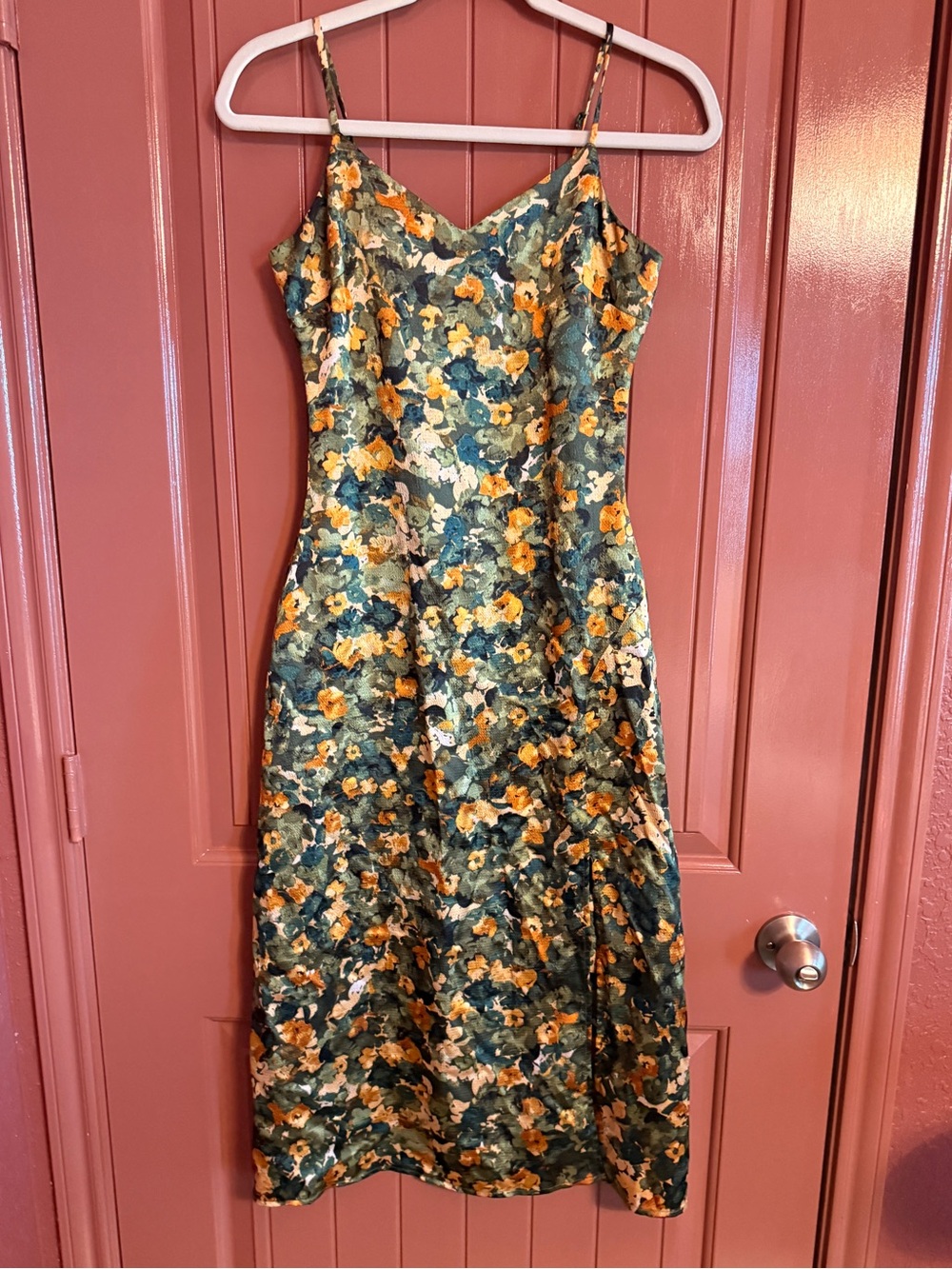 Floral Satin Slip Dress in Green and Yellow